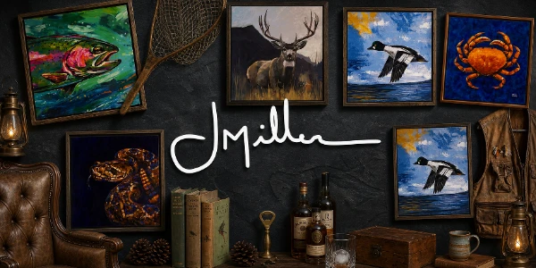 A dark gallery wall of framed J. Miller paintings (trout, mule deer, waterfowl, crab, and rattlesnake) around the artist's signature