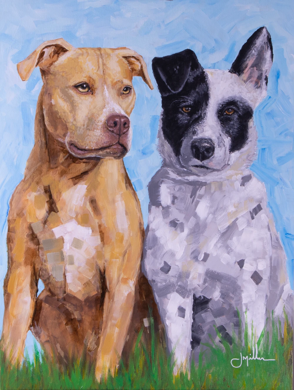 Cuda and Chloe, a companion portrait by Jeff Miller of two dogs, one tan and one black and white, painted in his semi-impressionist style