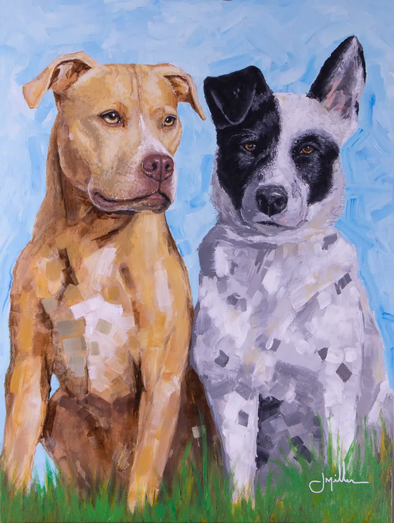 Cuda and Chloe, a companion portrait by Jeff Miller of two dogs, one tan and one black and white, painted in his semi-impressionist style