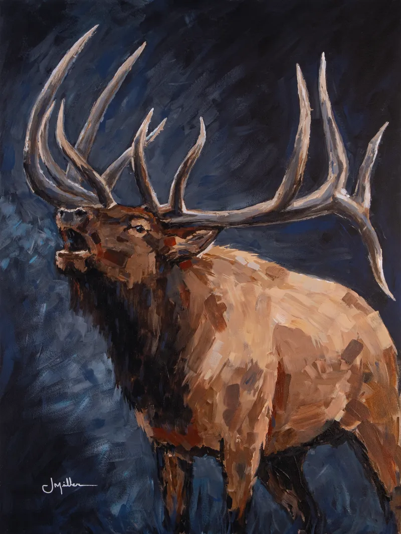 Dramatic Bull Elk Bugle, painting by Jeff Miller