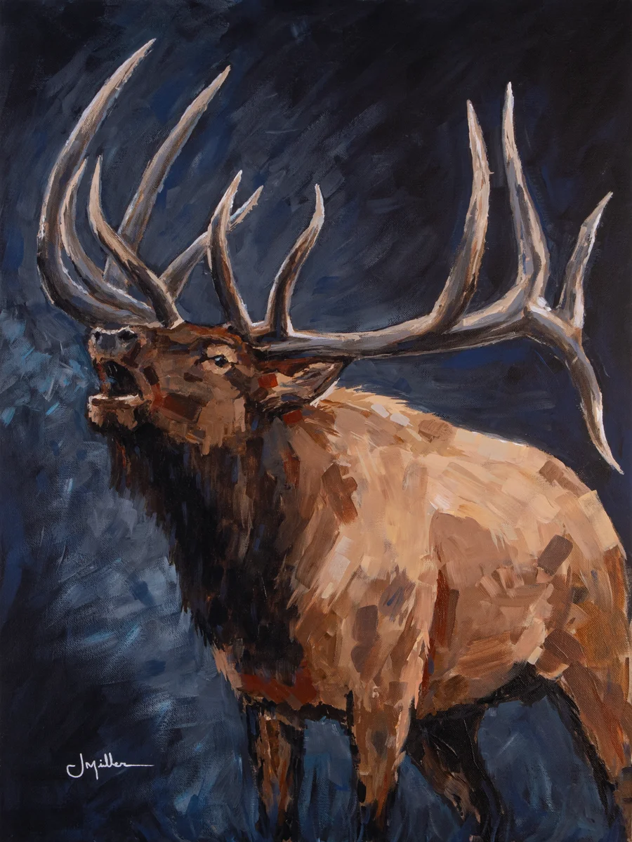 Dramatic Bull Elk Bugle, painting by Jeff Miller