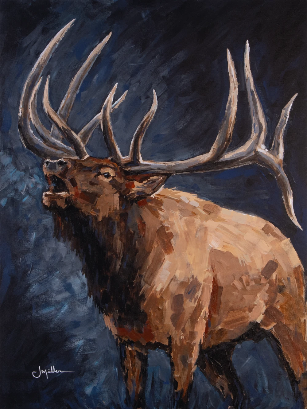 Dramatic Bull Elk Bugle, painting by Jeff Miller, full view