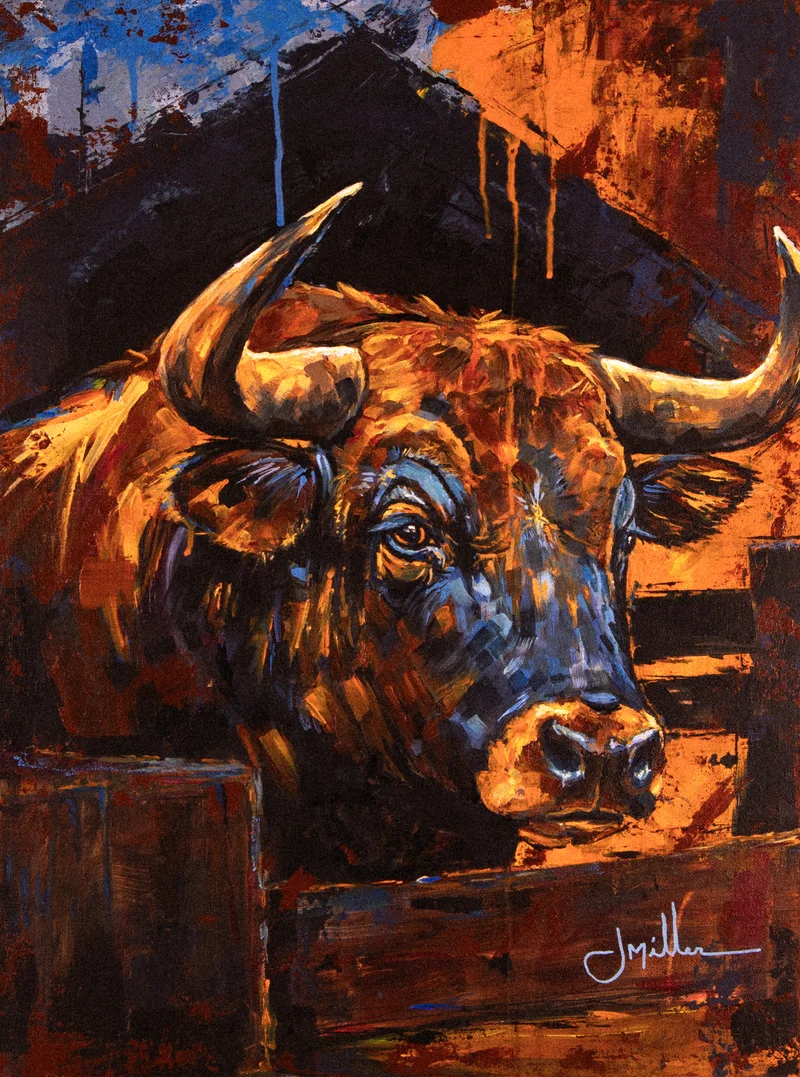 Fence-Line Bull, a ranch life painting by Jeff Miller of a bull at a wooden fence line, warm light across its face and horns against a dark barn interior