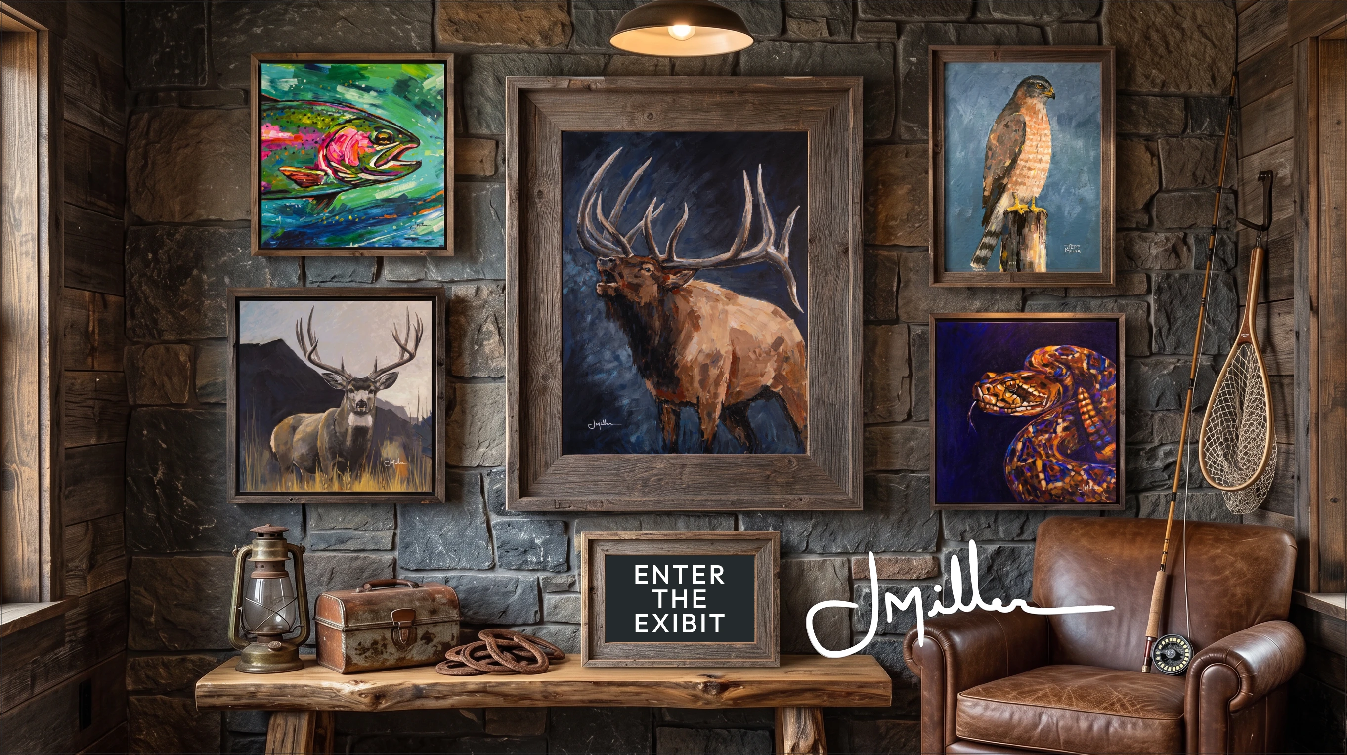 A dark gallery wall of framed J. Miller paintings: Rainbow Trout, Mule Deer Buck, Dramatic Bull Elk Bugle, Cooper's Hawk, and Rattlesnake, surrounding the artist's signature and an Enter the Exhibit sign