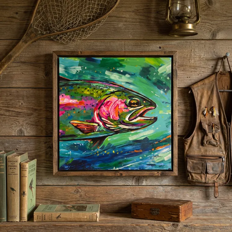 A J. Miller painting displayed on a cabin wall among fishing gear