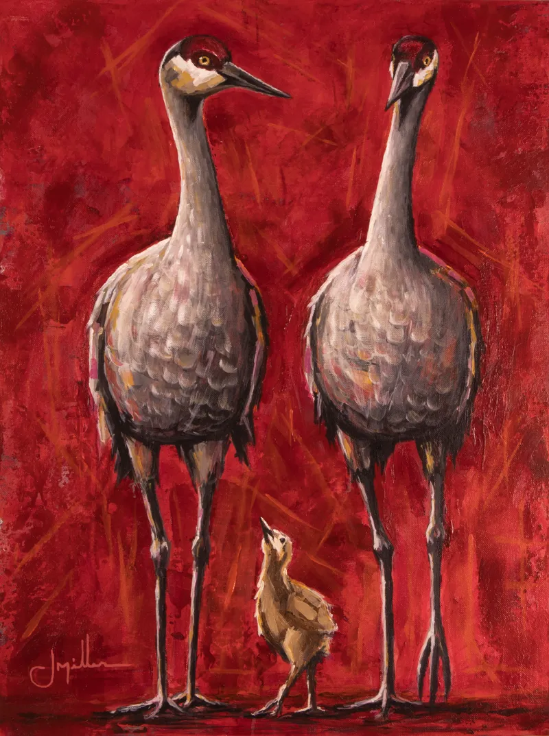 Sandhill Crane Family, a semi-impressionist painting by Jeff Miller of a family of sandhill cranes with vivid red crowns, set in bold brushstrokes against an intense red background