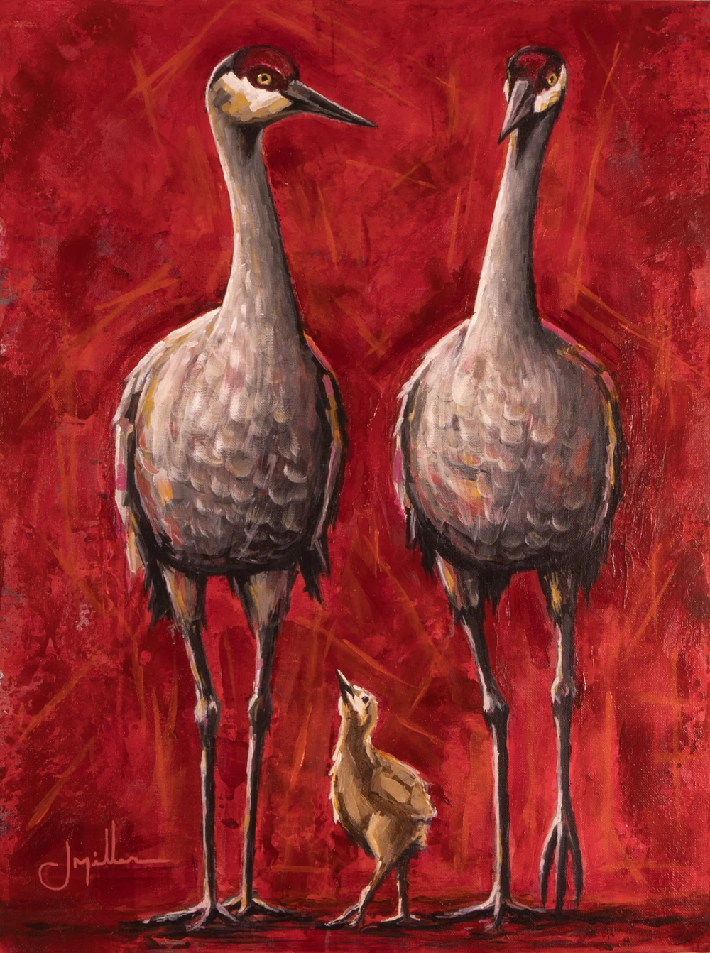 Sandhill Crane Family, a semi-impressionist painting by Jeff Miller of a family of sandhill cranes with vivid red crowns, set in bold brushstrokes against an intense red background
